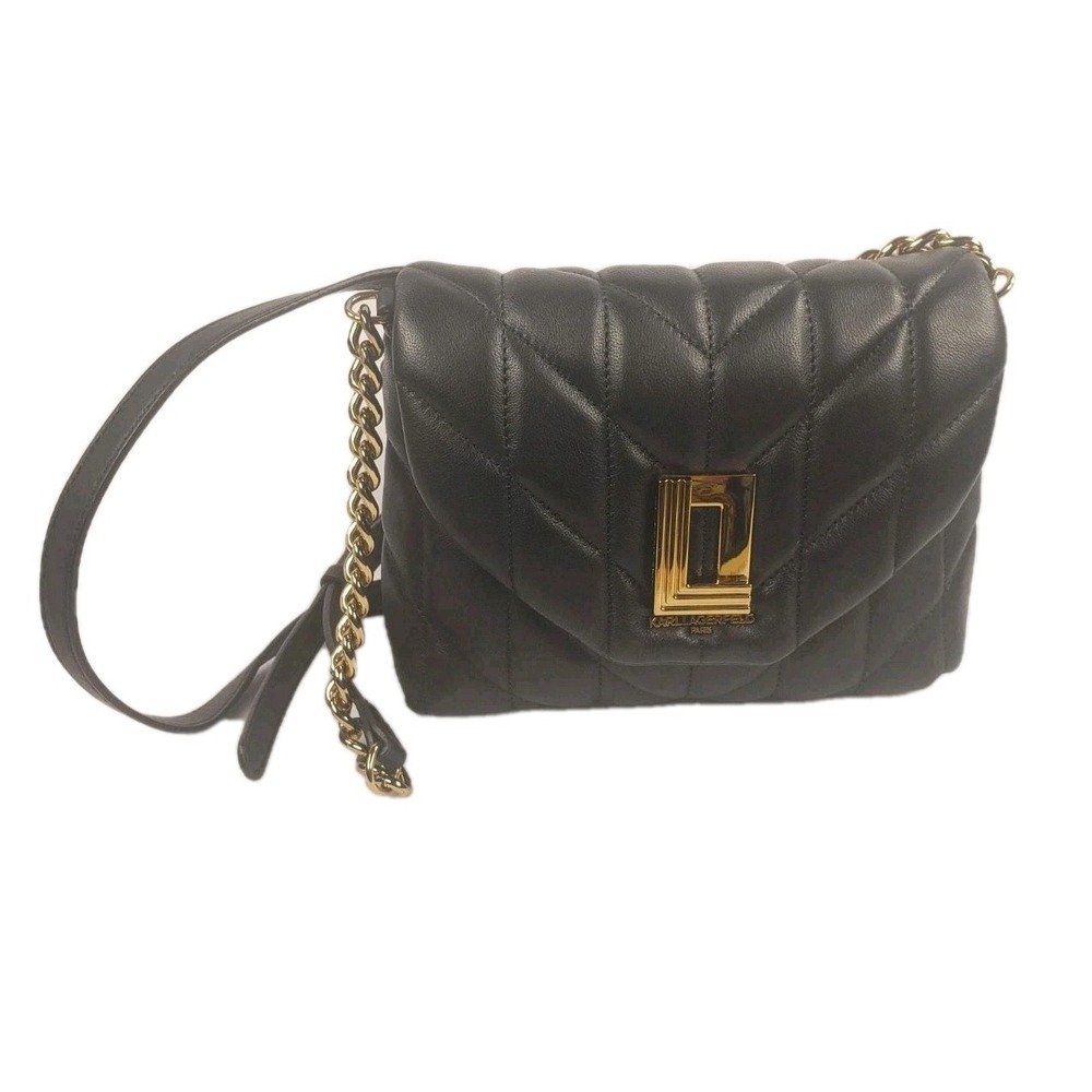 Karl Lagerfeld Paris Agyness Black Quilted Leather Crossbody Bag Gold Hardware